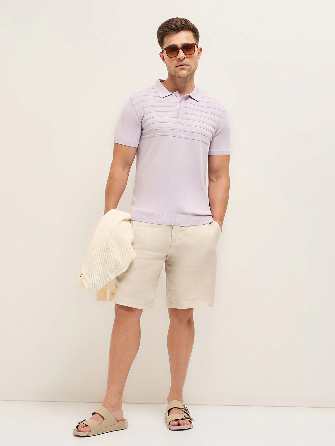 Men Purple Ribbed horizontal textured Regular Fit Polo T-shirt - Image 4