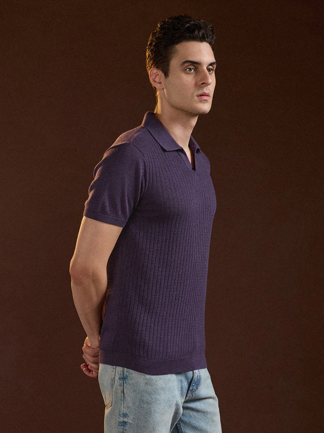 Men Purple Ribbed Texture Design Slim Fit Polo - Image 3