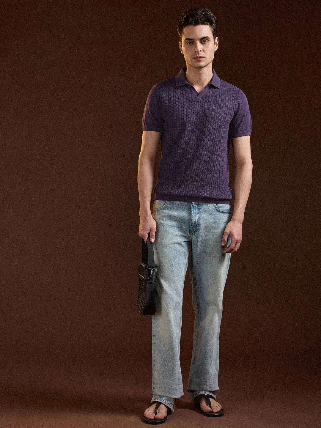 Men Purple Ribbed Texture Design Slim Fit Polo - Image 4