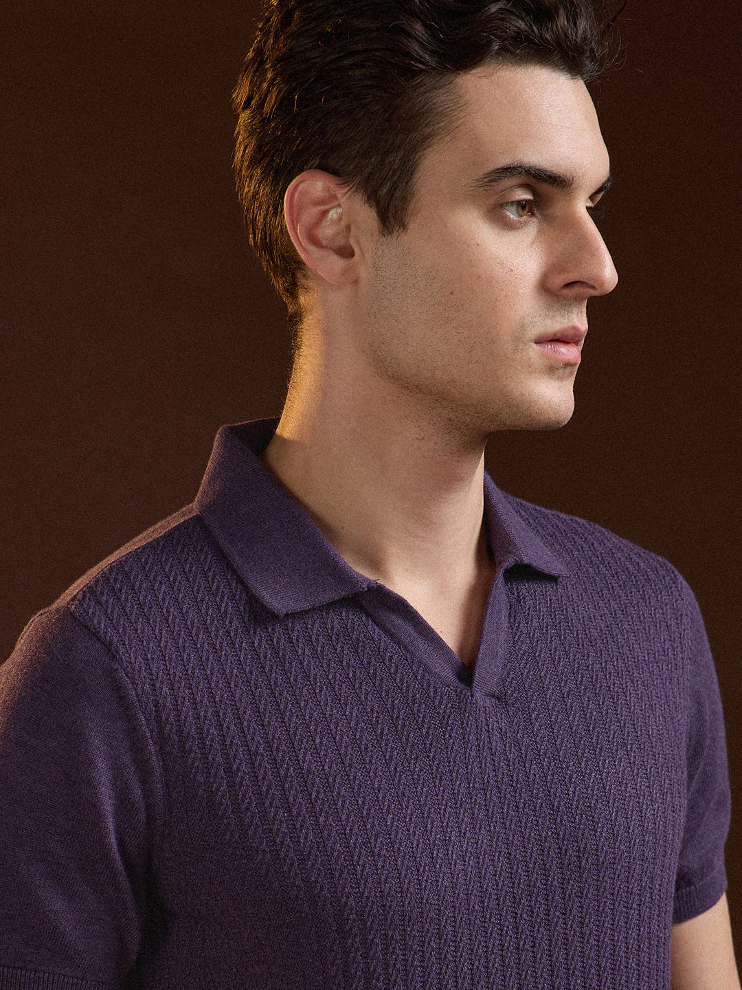 Men Purple Ribbed Texture Design Slim Fit Polo - Image 5