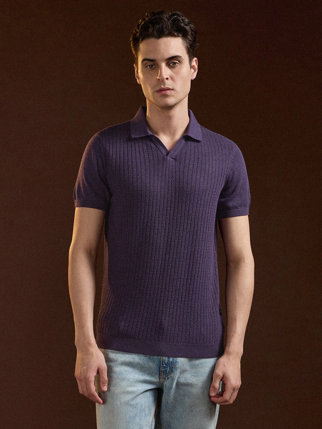 Men Purple Ribbed Texture Design Slim Fit Polo - Image 6
