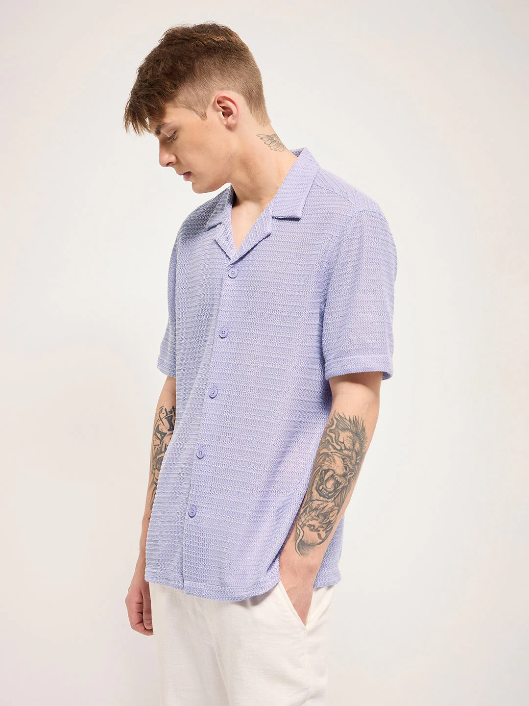 Men Purple Self Design Regular Fit Casual Shirt - Image 3
