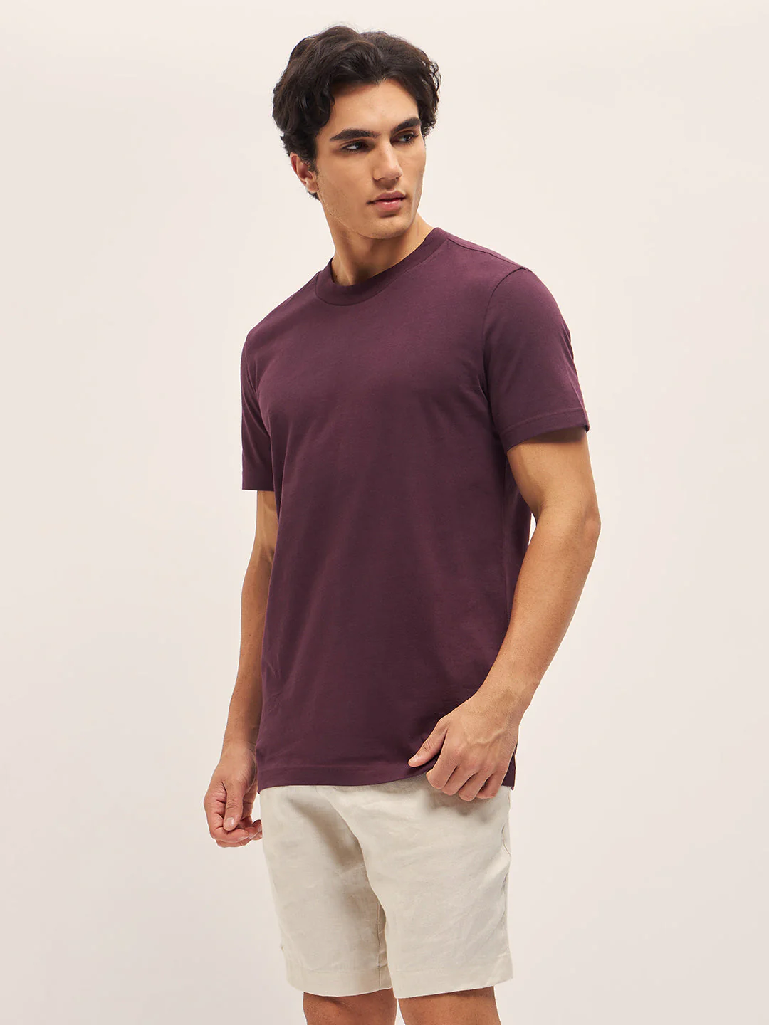 Men Purple Solid Crew Neck Relax Fit T-Shirt - Image 3
