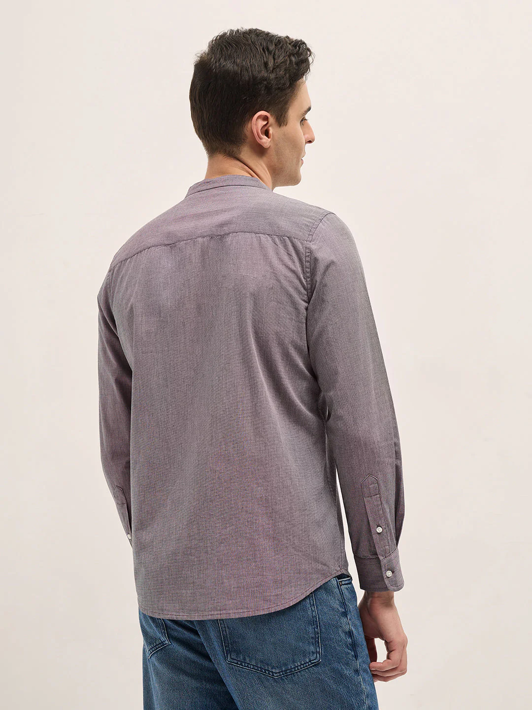 Men Purple Solid Mandarin Collar Slim Fit Casual Shirt - Image 2