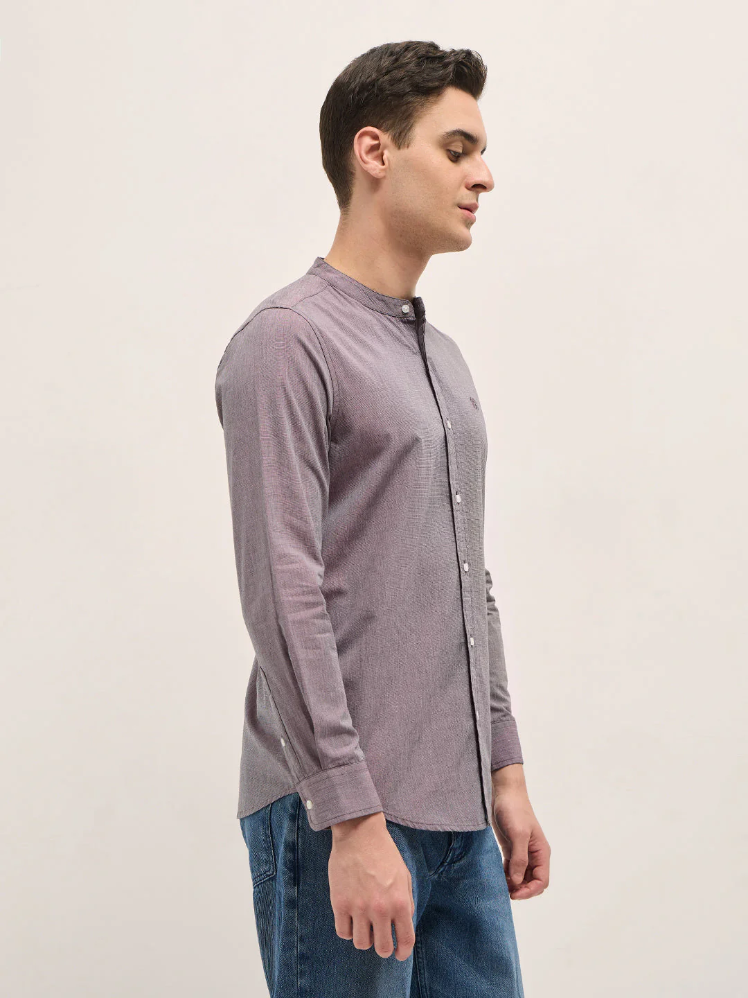 Men Purple Solid Mandarin Collar Slim Fit Casual Shirt - Image 3