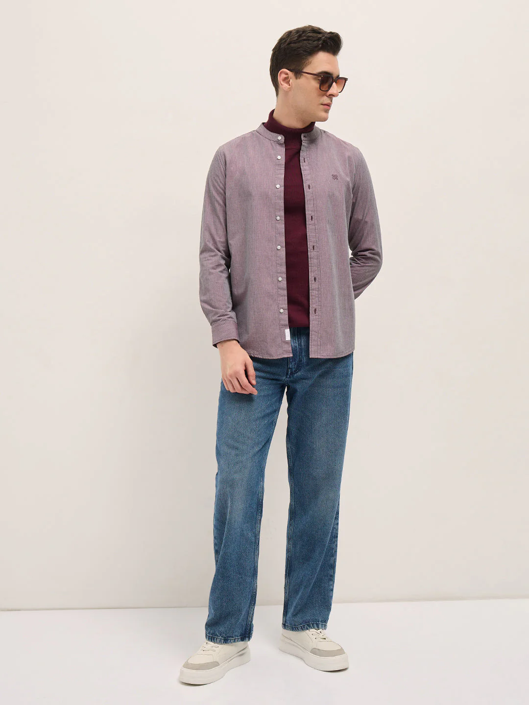 Men Purple Solid Mandarin Collar Slim Fit Casual Shirt - Image 4