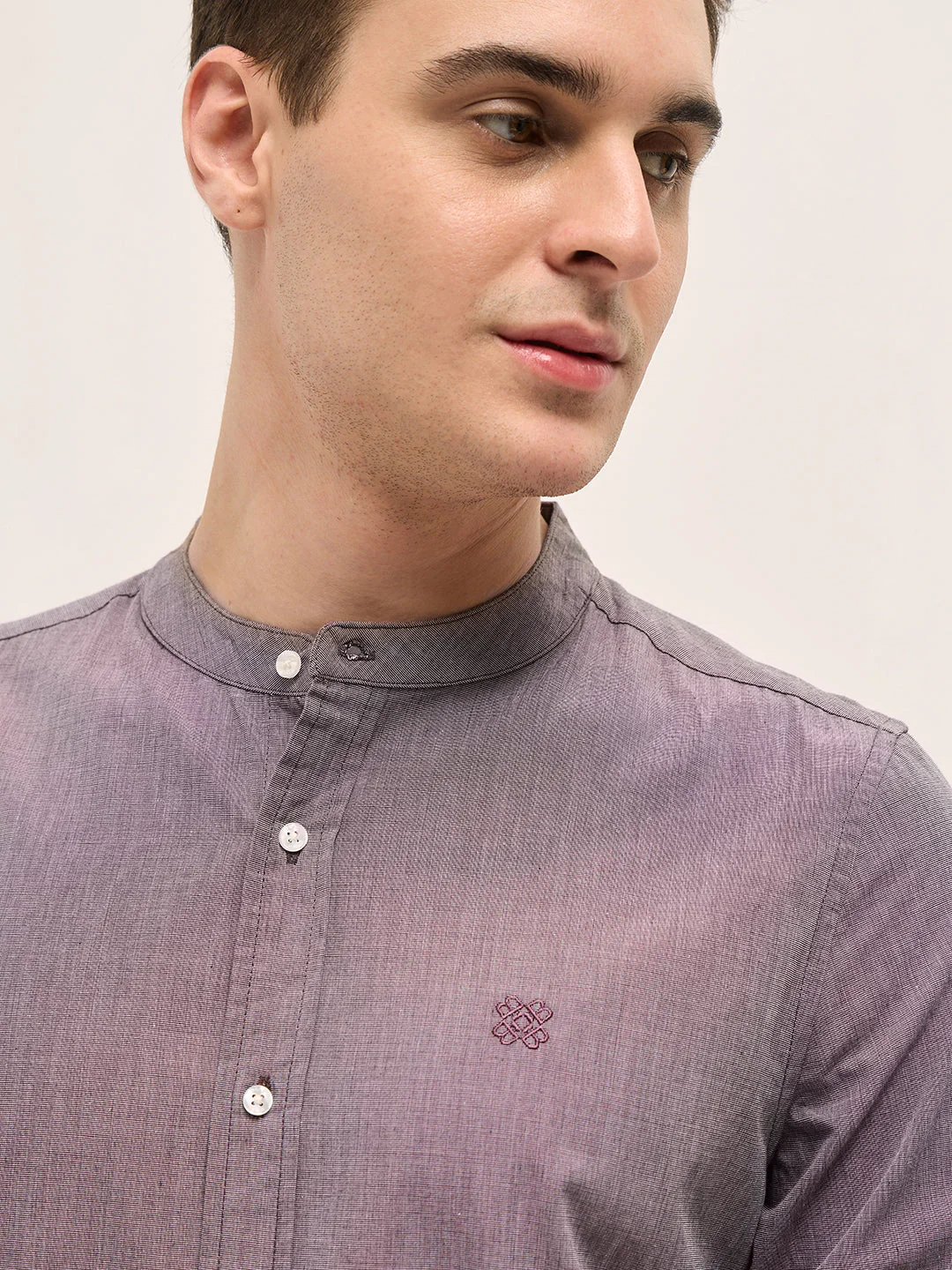 Men Purple Solid Mandarin Collar Slim Fit Casual Shirt - Image 5