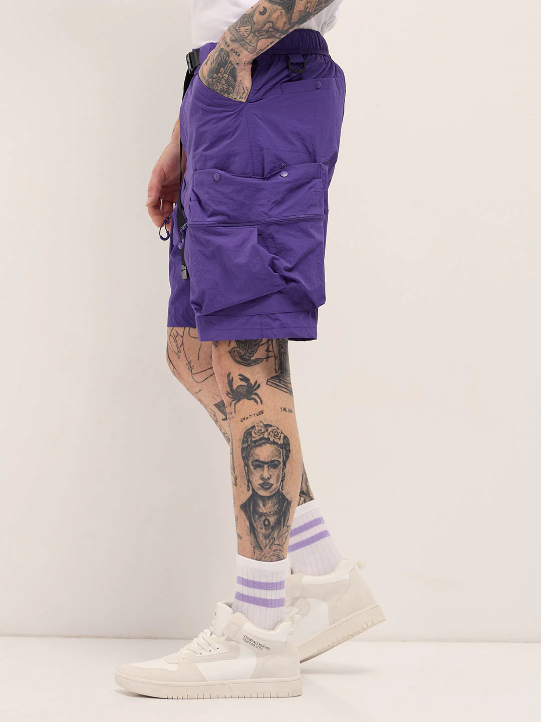 Men Purple Solid Polyester Cargo Shorts - Image 3