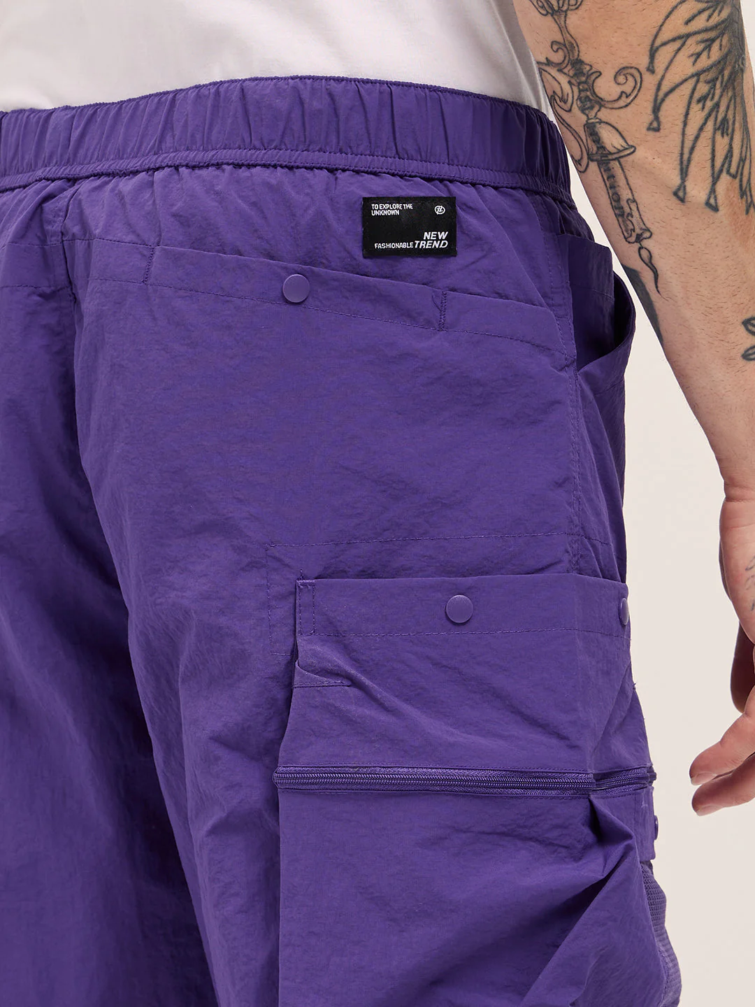 Men Purple Solid Polyester Cargo Shorts - Image 6
