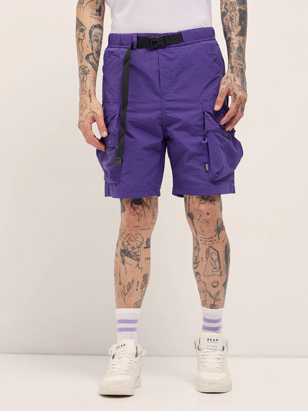 Men Purple Solid Polyester Cargo Shorts - Image 7