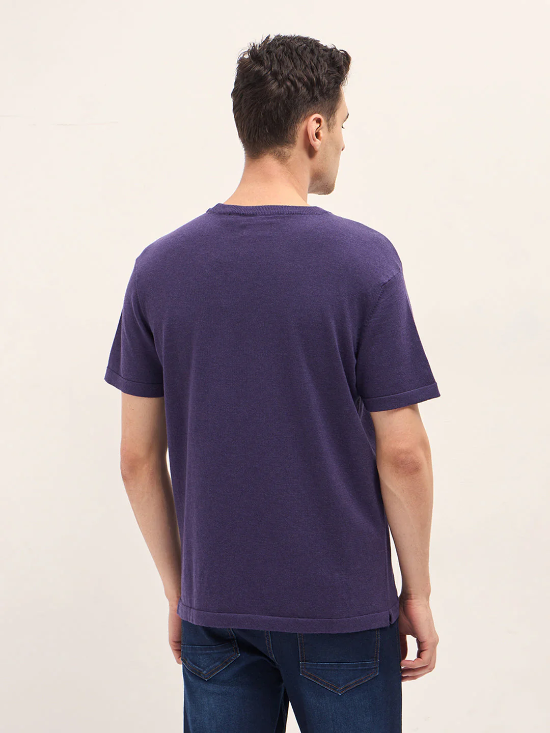 Men Purple Solid Regular Fit Ribbed Crew Neck T-shirt - Image 2