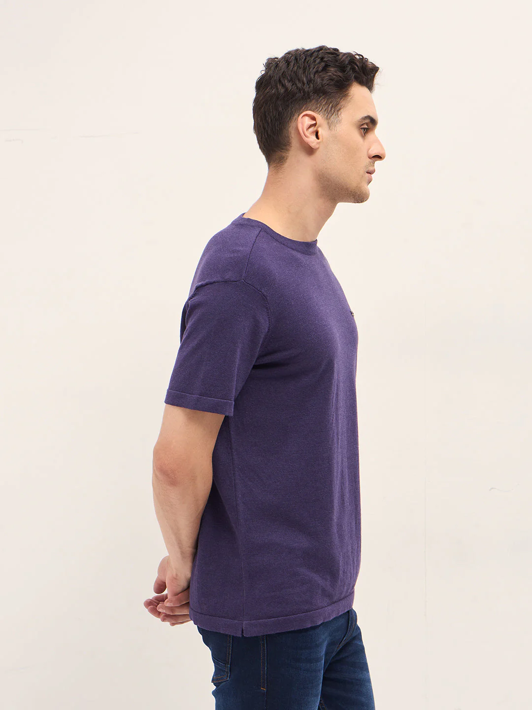 Men Purple Solid Regular Fit Ribbed Crew Neck T-shirt - Image 3