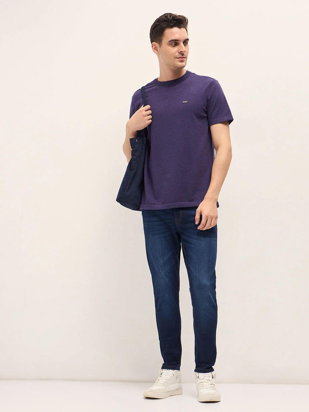 Men Purple Solid Regular Fit Ribbed Crew Neck T-shirt - Image 4