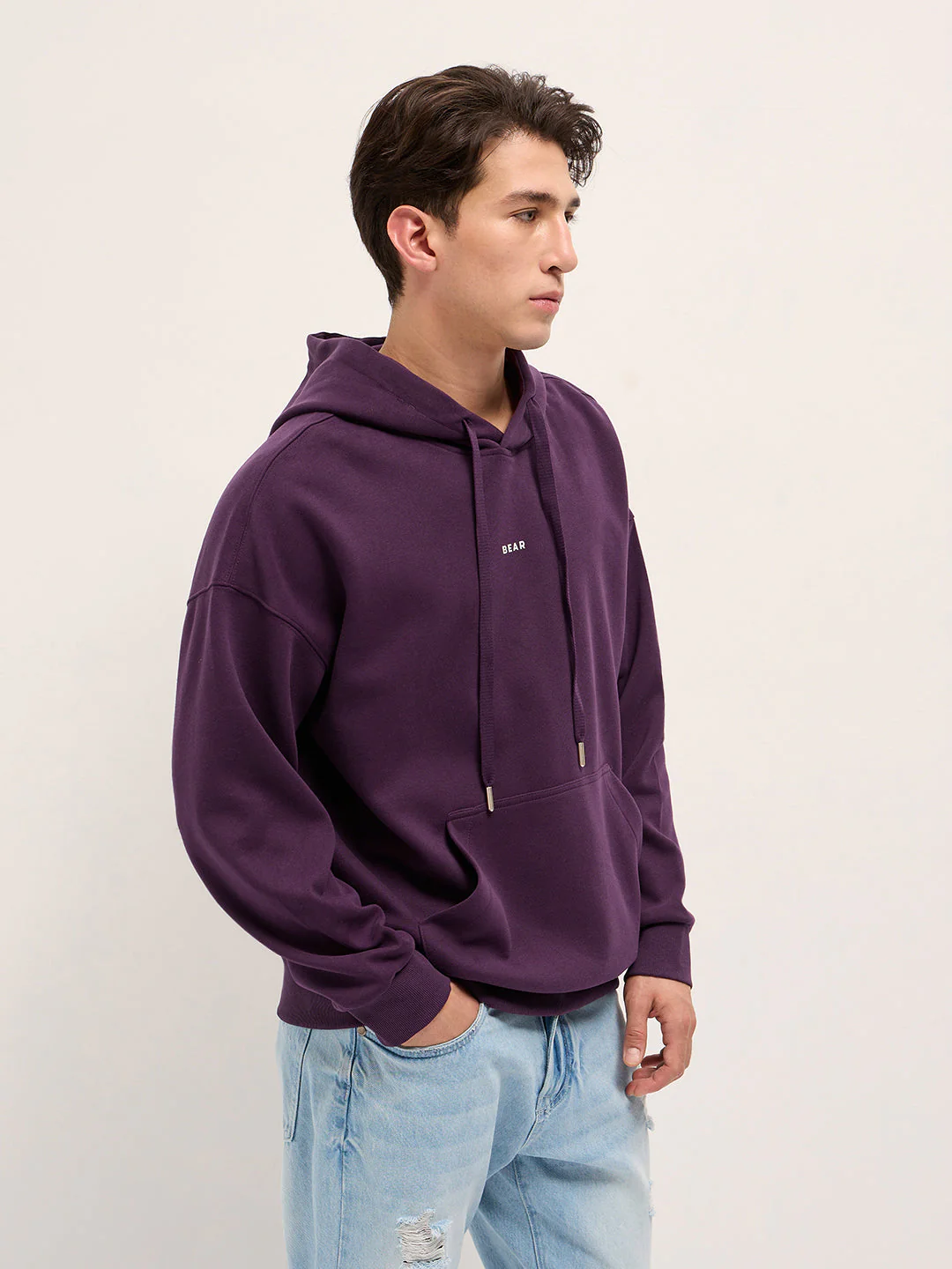 Men Purple Solid Relax Fit Hoodie - Image 3