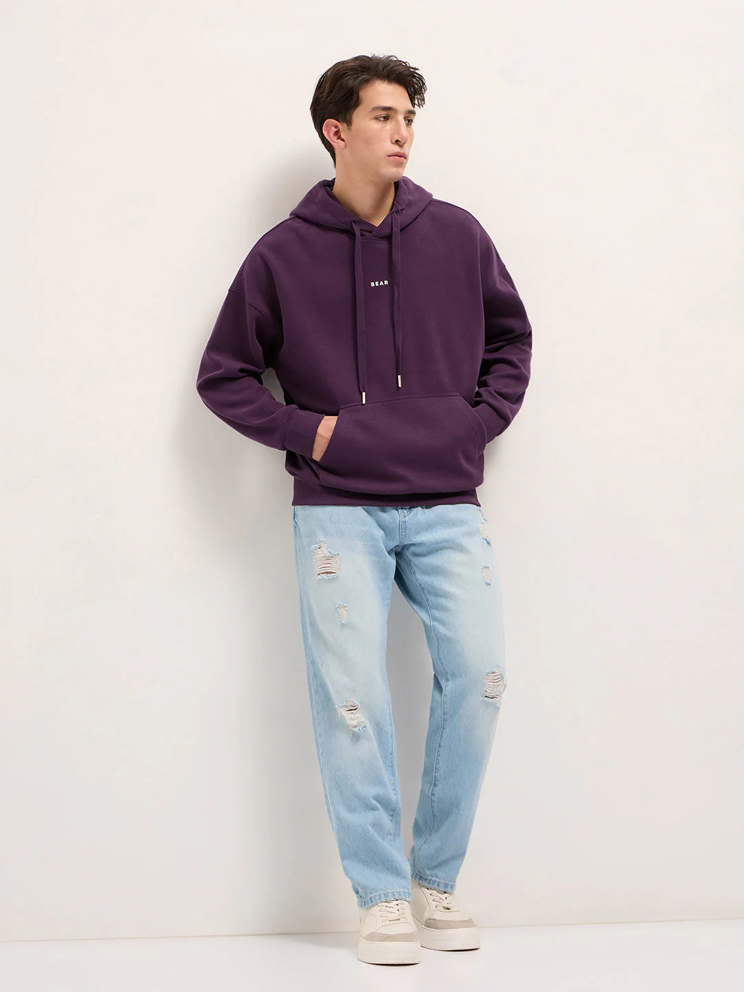Men Purple Solid Relax Fit Hoodie - Image 4
