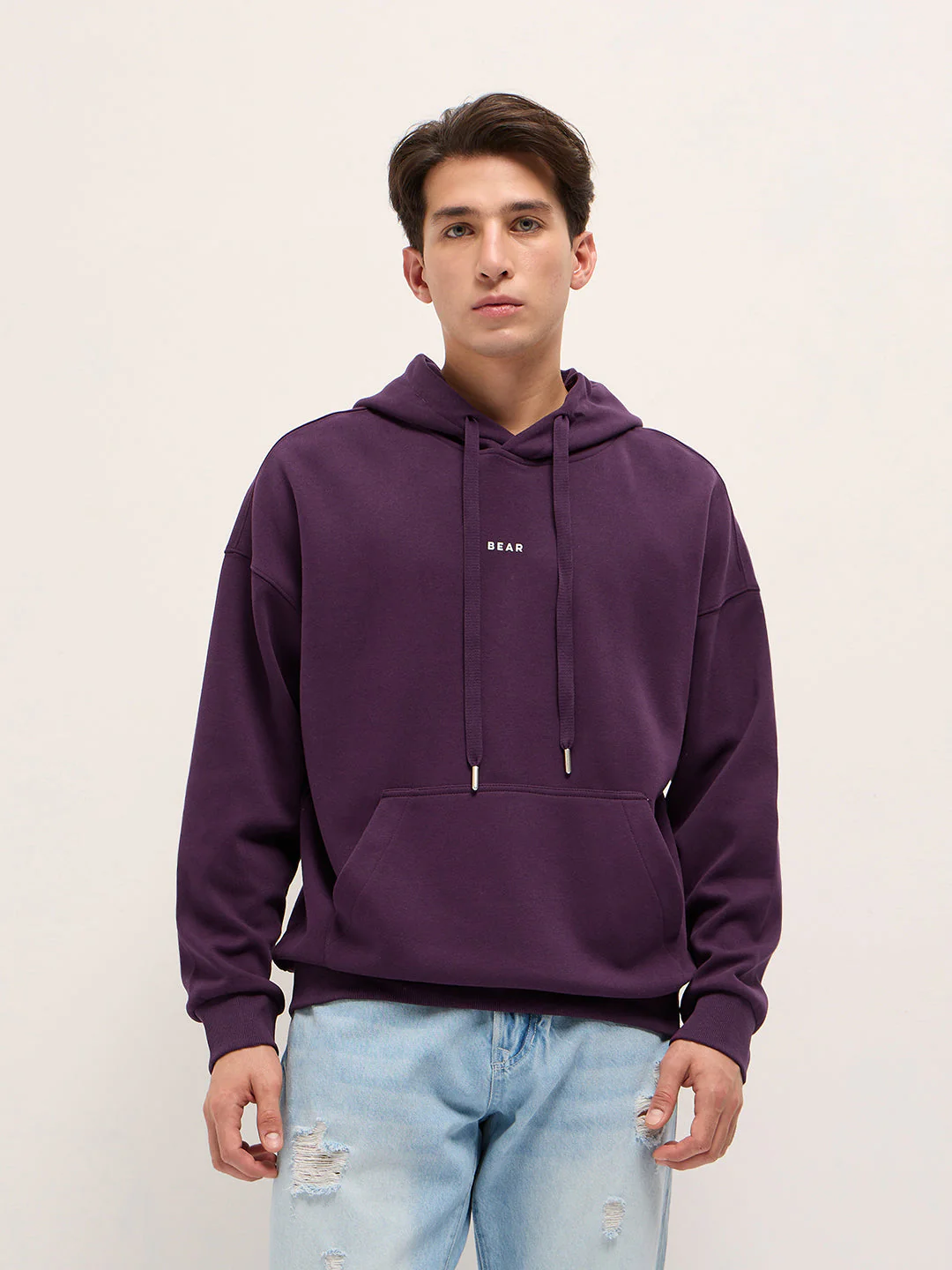 Men Purple Solid Relax Fit Hoodie - Image 5