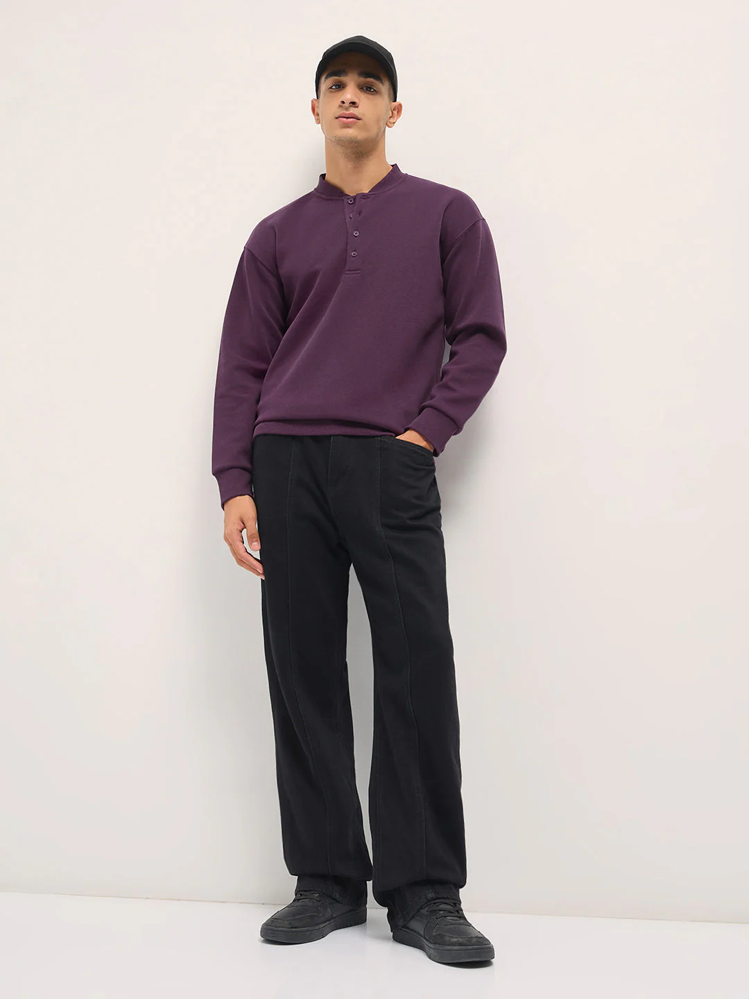 Men Purple Solid Relaxed Fit Henley Neck T-Shirt - Image 4