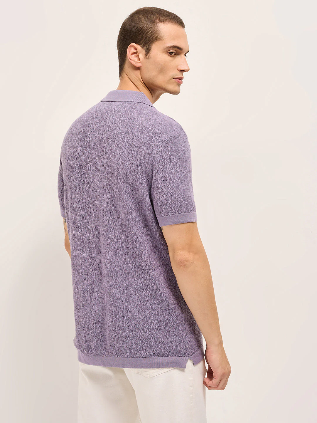 Men Purple Solid Texture Knit Design Regular Fit Polo - Image 2