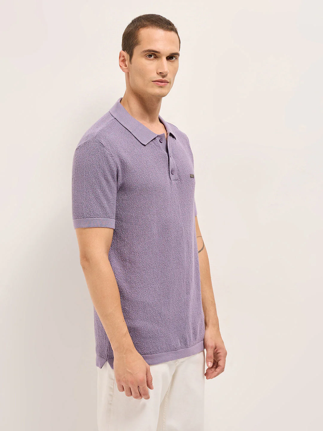 Men Purple Solid Texture Knit Design Regular Fit Polo - Image 3