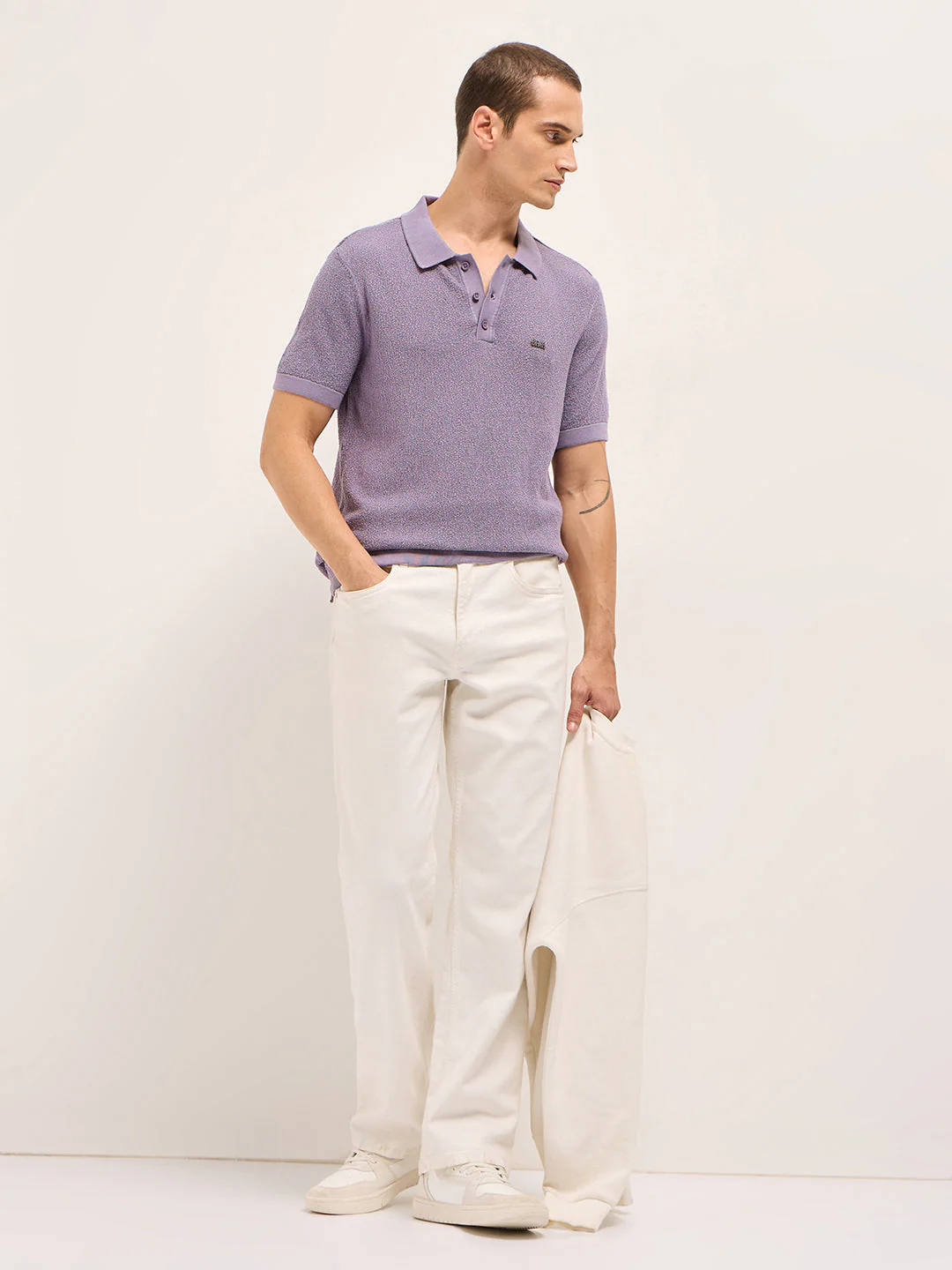Men Purple Solid Texture Knit Design Regular Fit Polo - Image 4