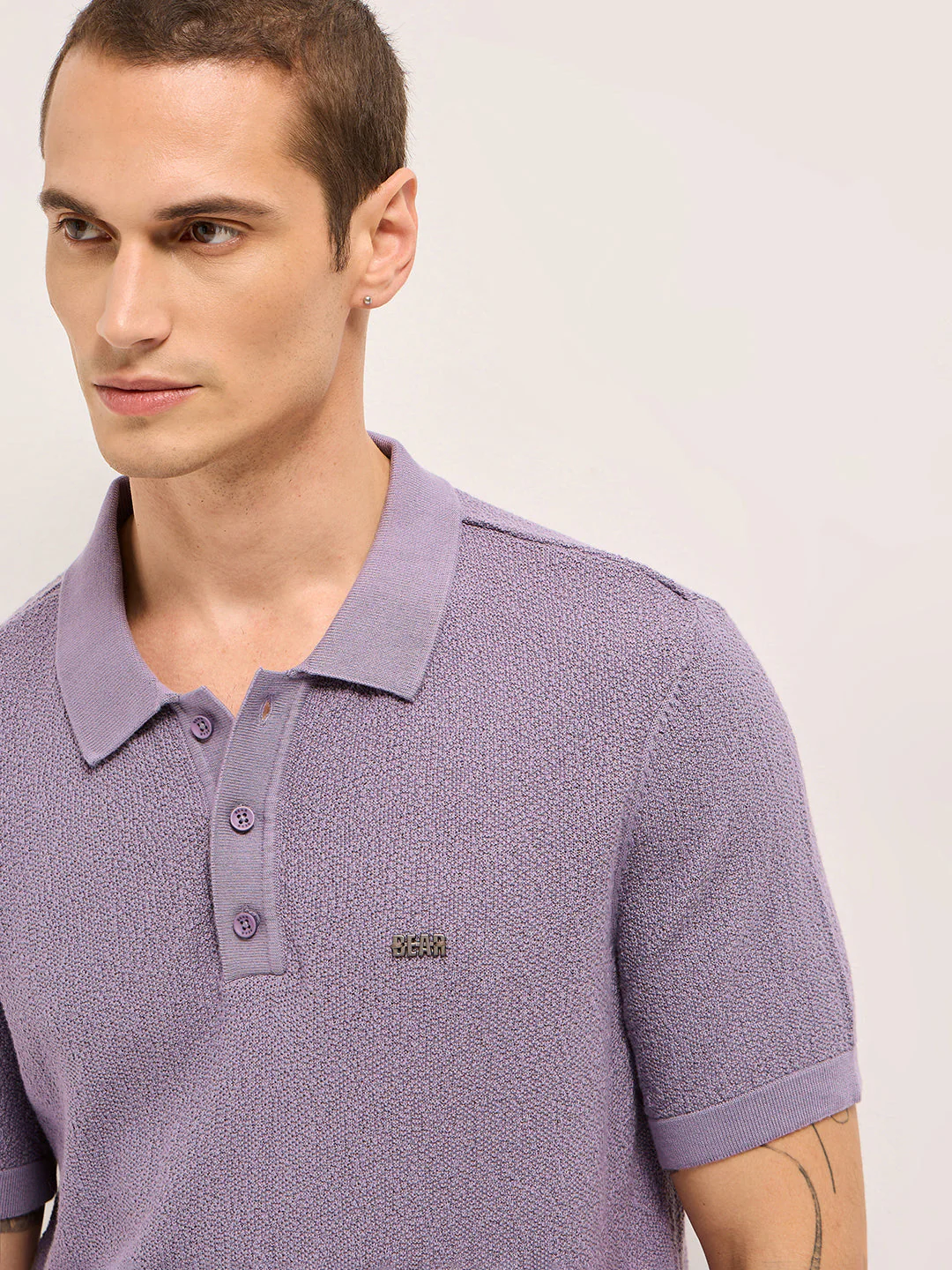 Men Purple Solid Texture Knit Design Regular Fit Polo - Image 5