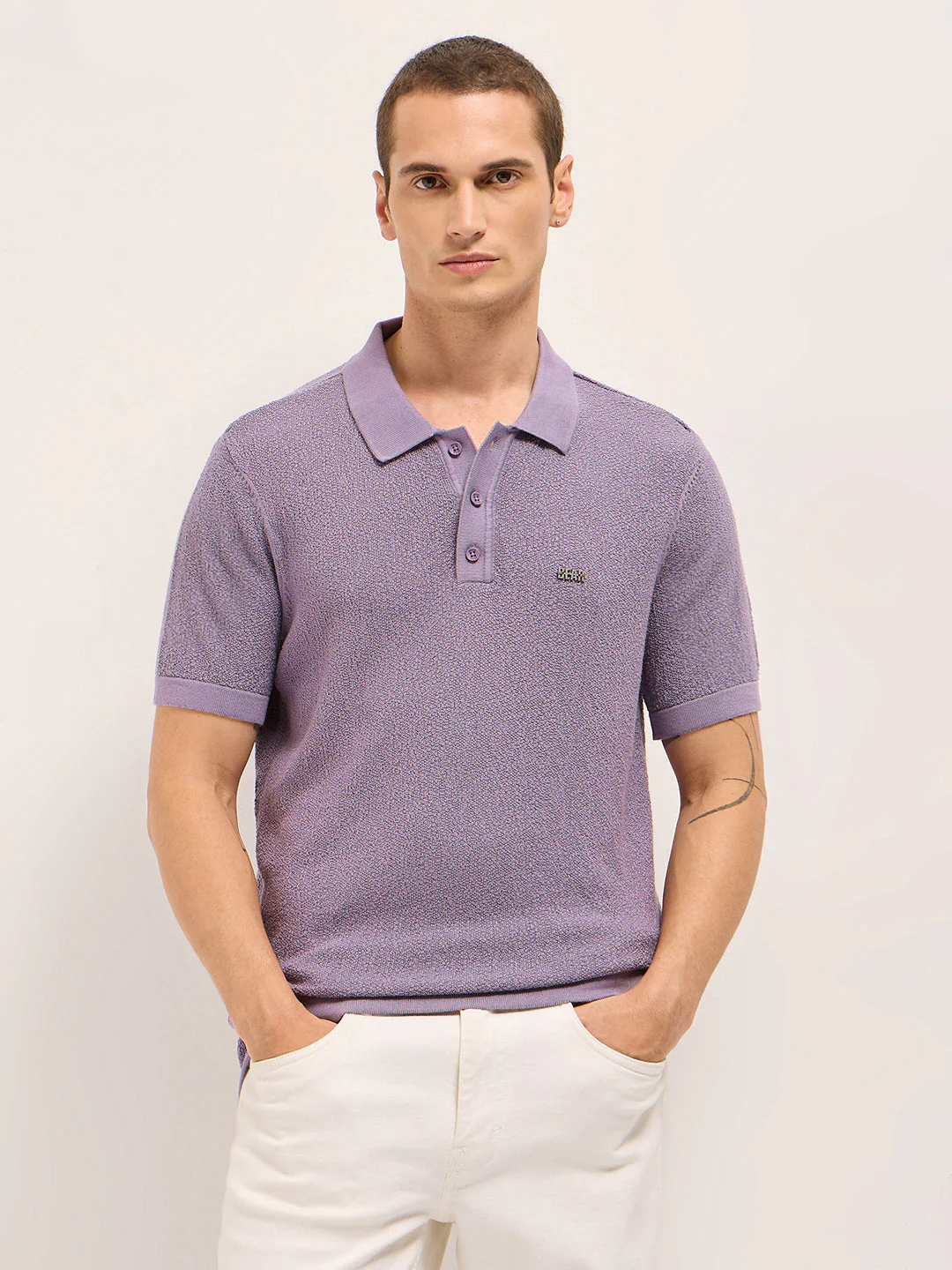 Men Purple Solid Texture Knit Design Regular Fit Polo - Image 6