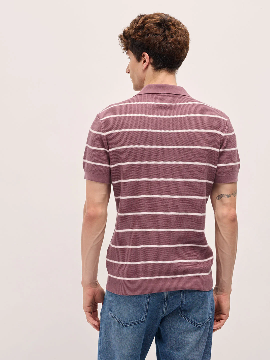 Men Purple Texture Horizontal Stripes Slim Fit Polo - Image 2