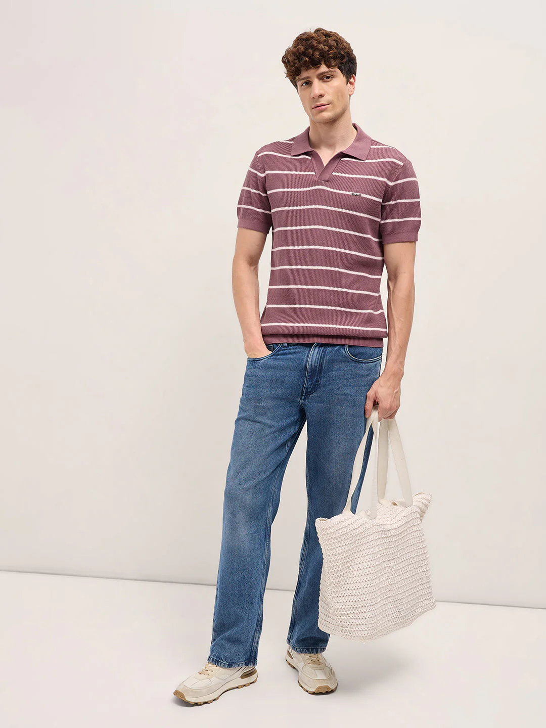 Men Purple Texture Horizontal Stripes Slim Fit Polo - Image 4