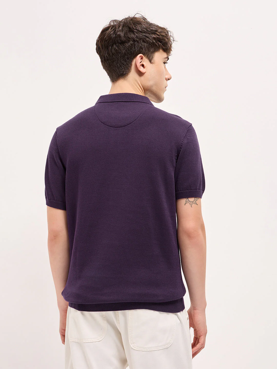 Men Purple Textured Knit Regular Fit Polo T-shirt - Image 2
