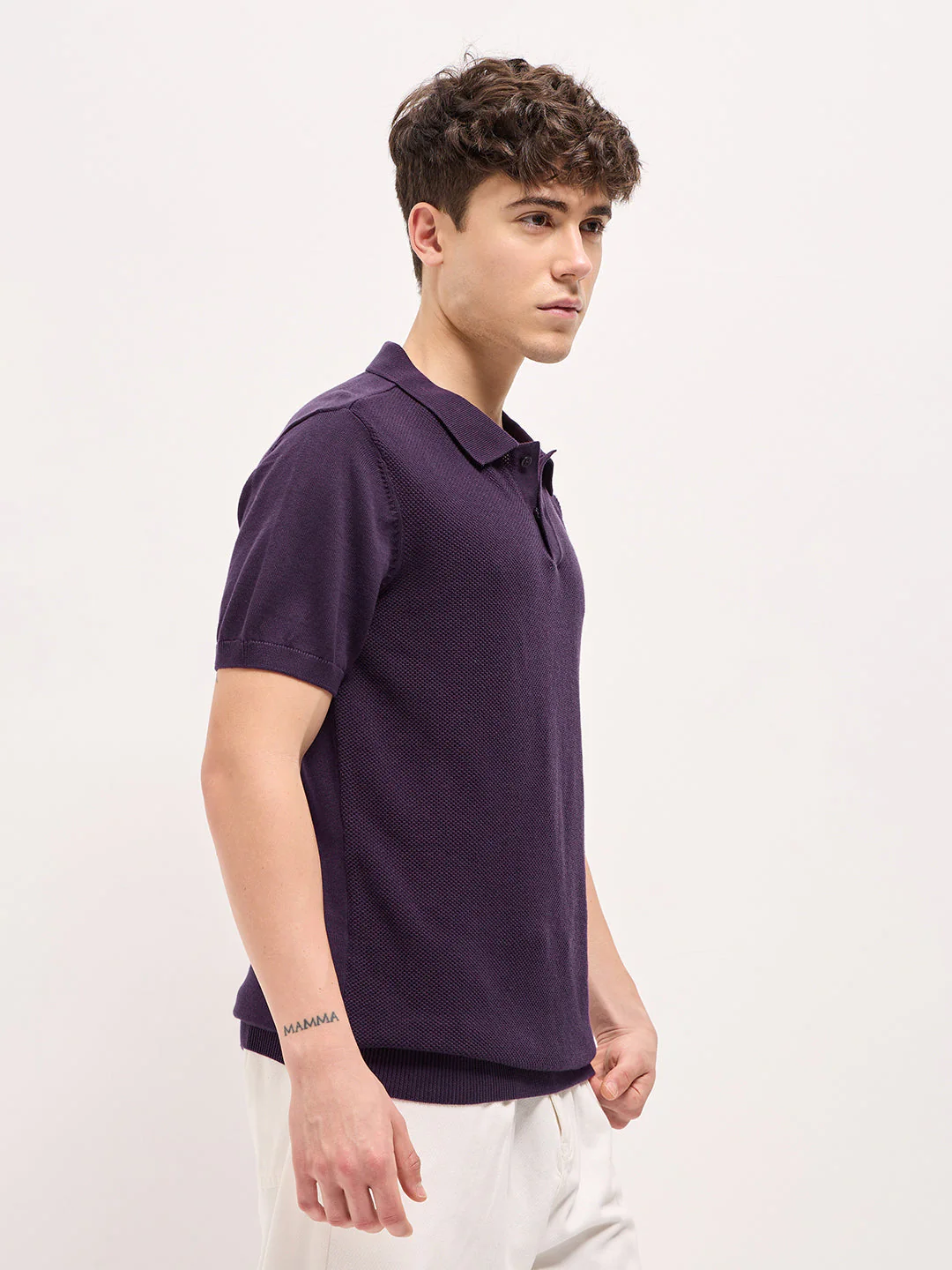Men Purple Textured Knit Regular Fit Polo T-shirt - Image 3