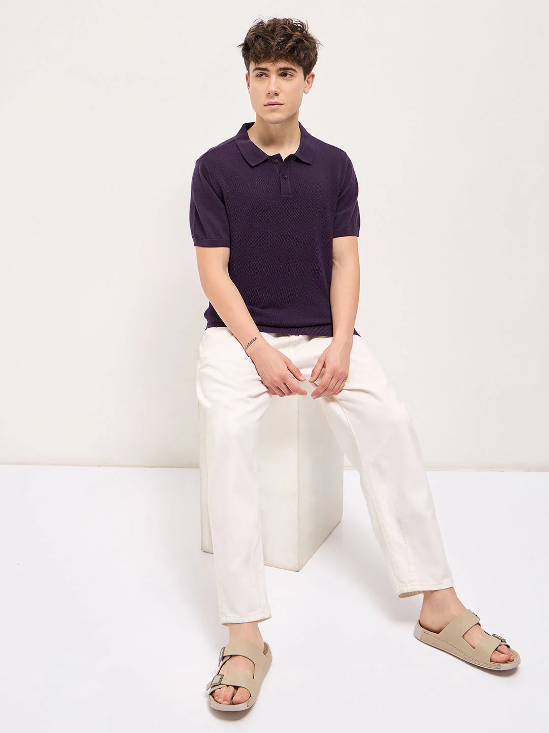Men Purple Textured Knit Regular Fit Polo T-shirt - Image 4