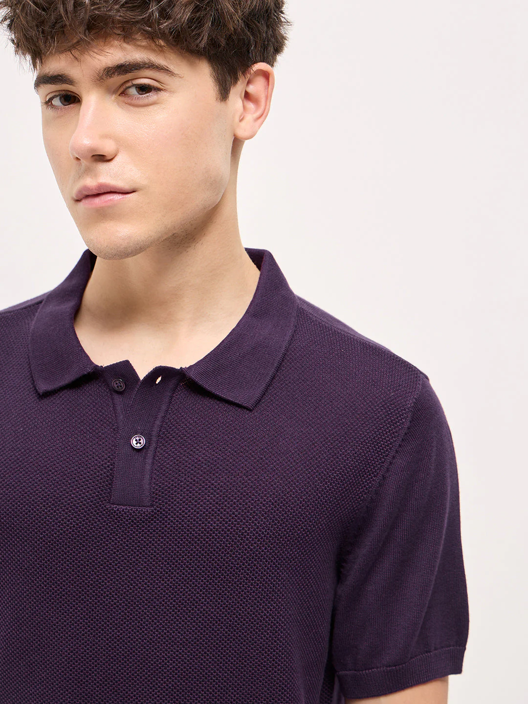 Men Purple Textured Knit Regular Fit Polo T-shirt - Image 5