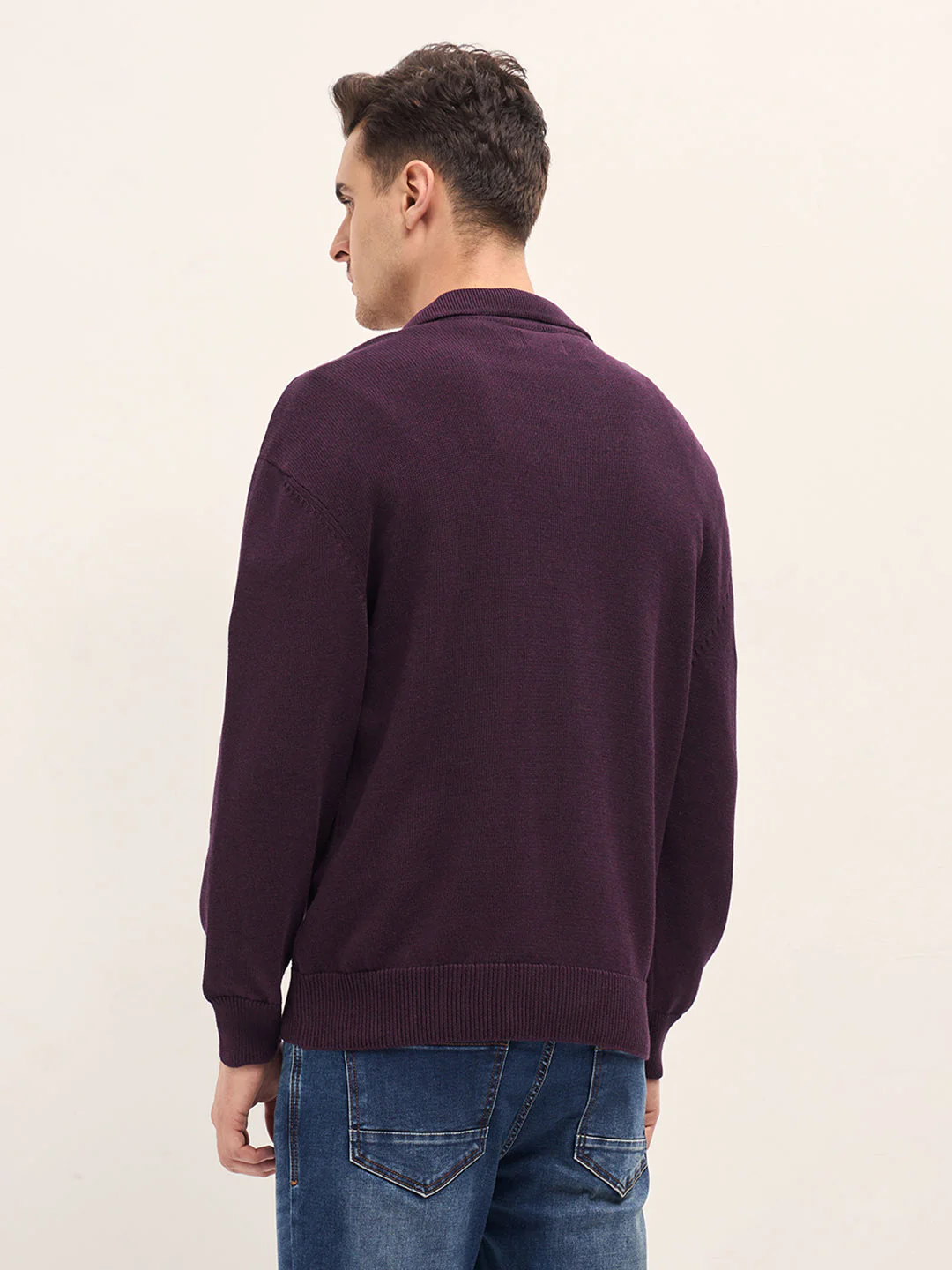 Men Purple Textured Knit Relaxed Fit Polo - Image 2