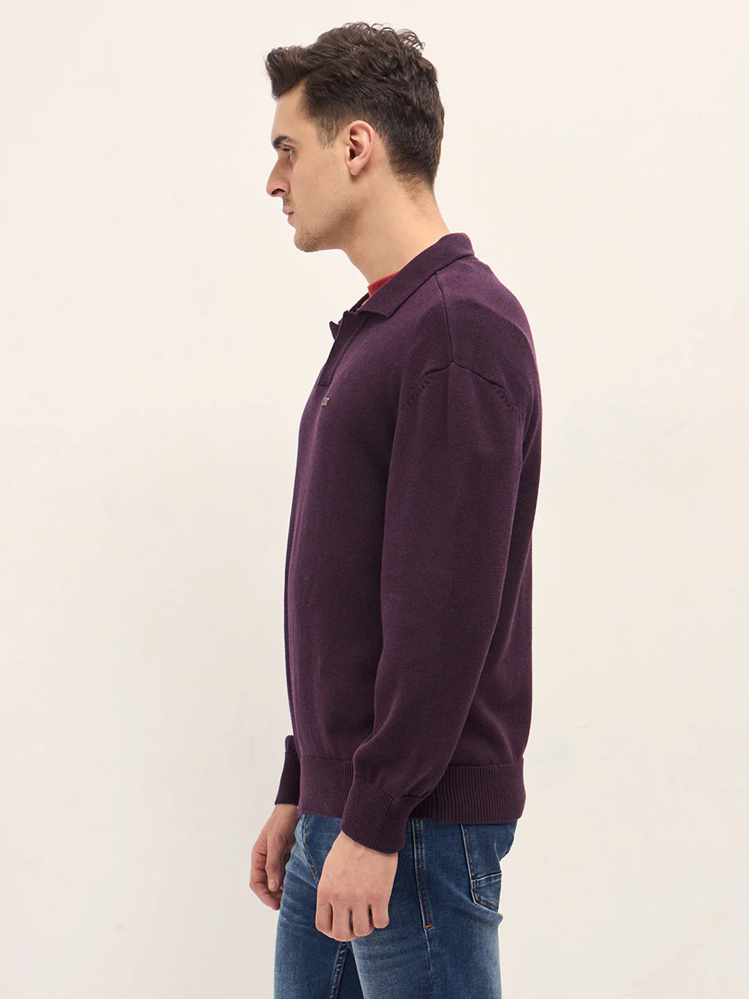 Men Purple Textured Knit Relaxed Fit Polo - Image 3