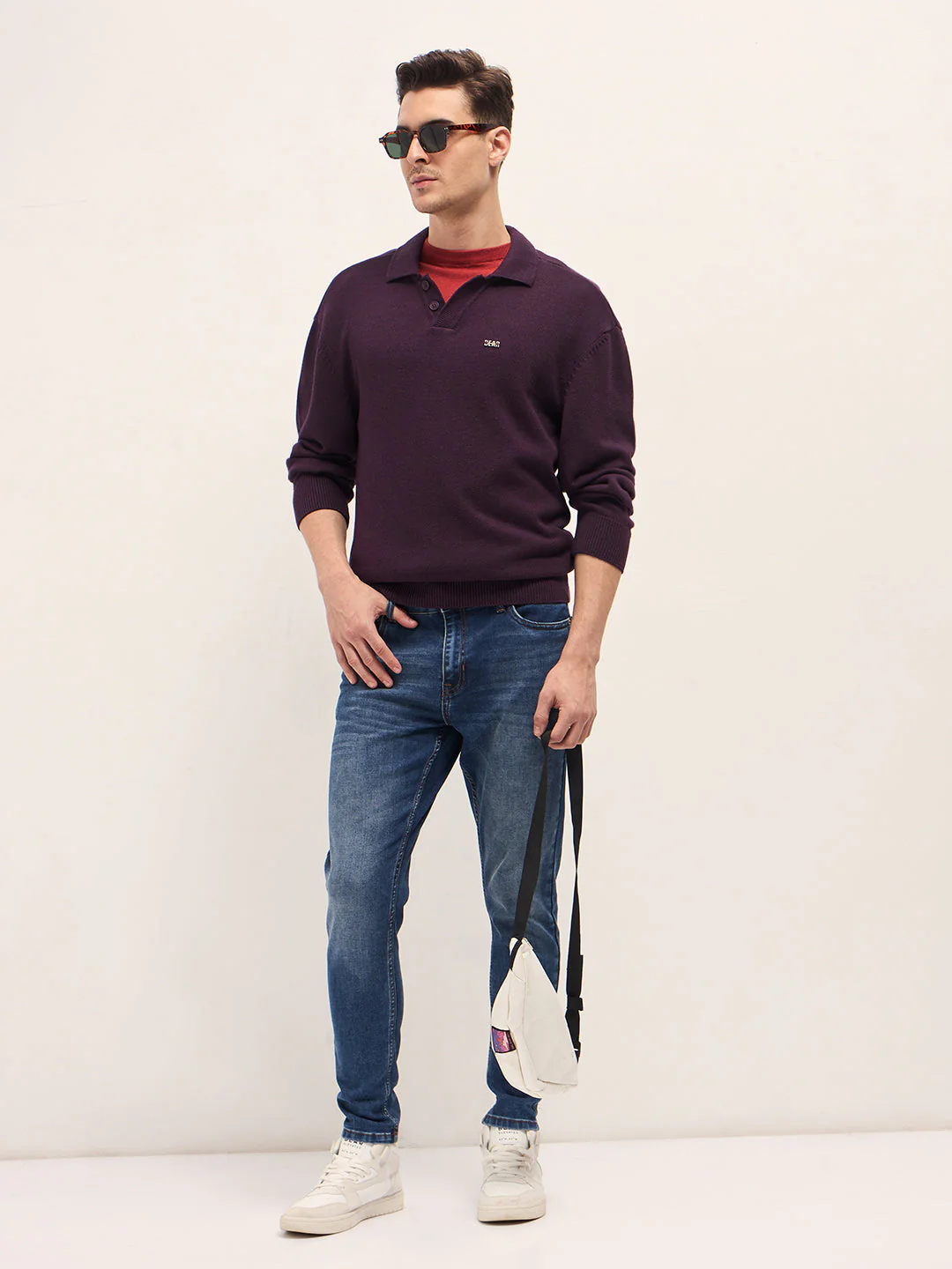 Men Purple Textured Knit Relaxed Fit Polo - Image 4