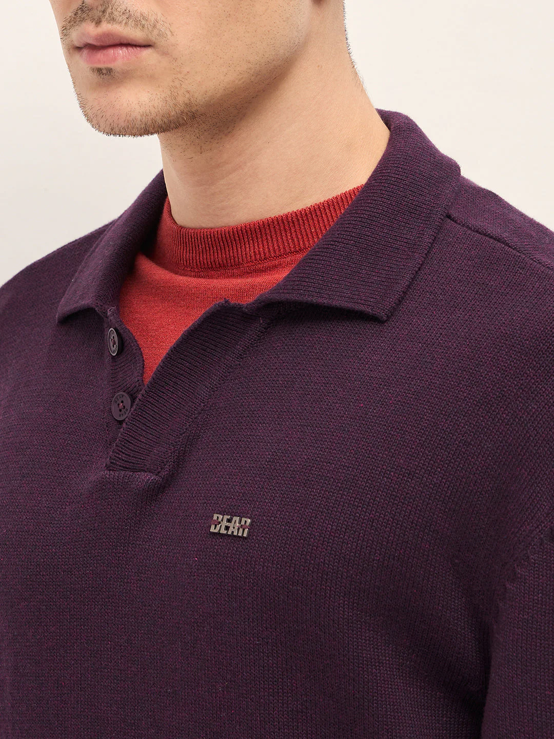 Men Purple Textured Knit Relaxed Fit Polo - Image 5