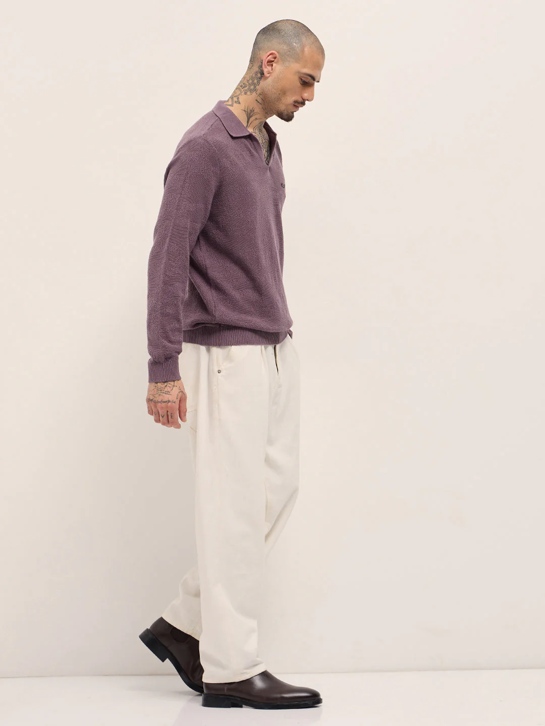Men Purple Textured Knit Slim Fit Polo - Image 3