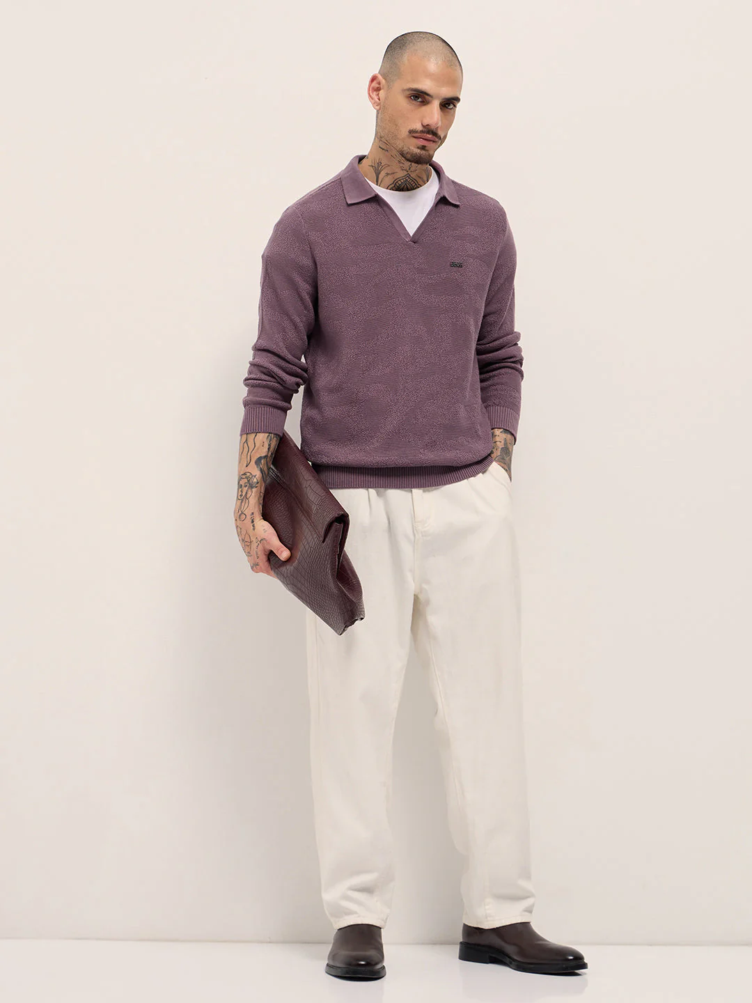 Men Purple Textured Knit Slim Fit Polo - Image 4