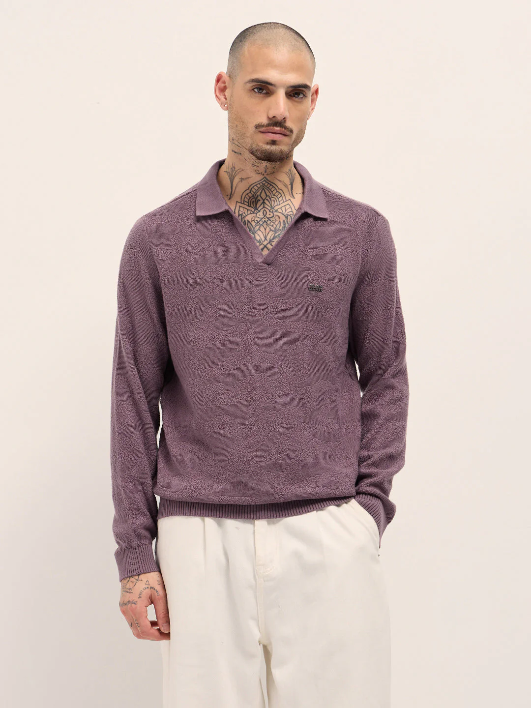 Men Purple Textured Knit Slim Fit Polo - Image 6