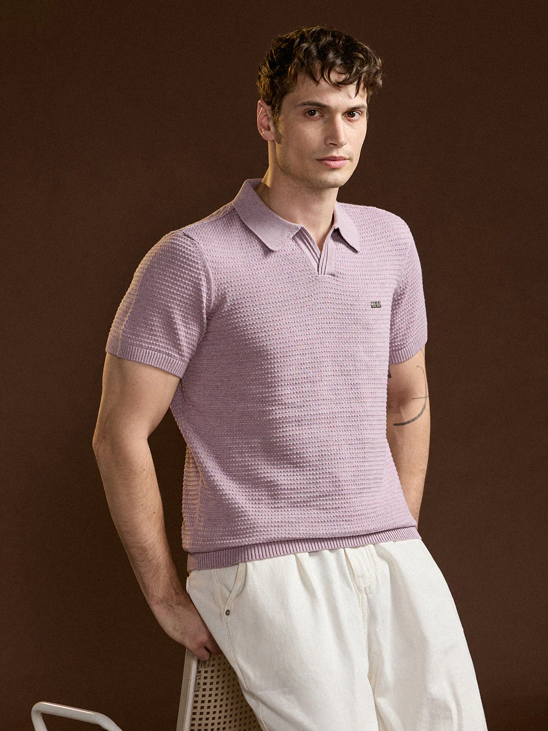 Men Purple Textured Slim Fit V-Notch Style Polo - Image 3