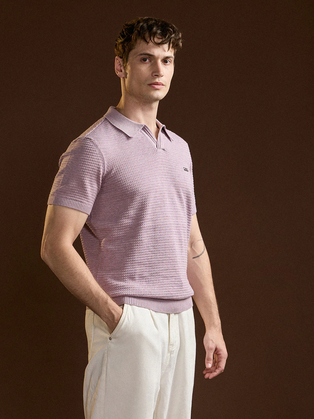 Men Purple Textured Slim Fit V-Notch Style Polo - Image 5