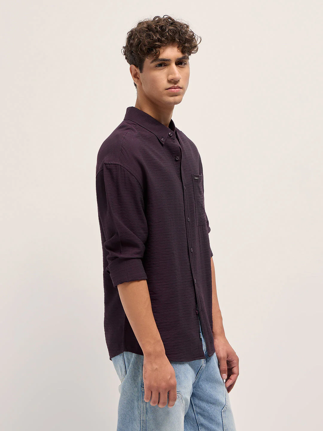Men Purple Viscose Herringbone Design Relax Fit Casual shirt - Image 3