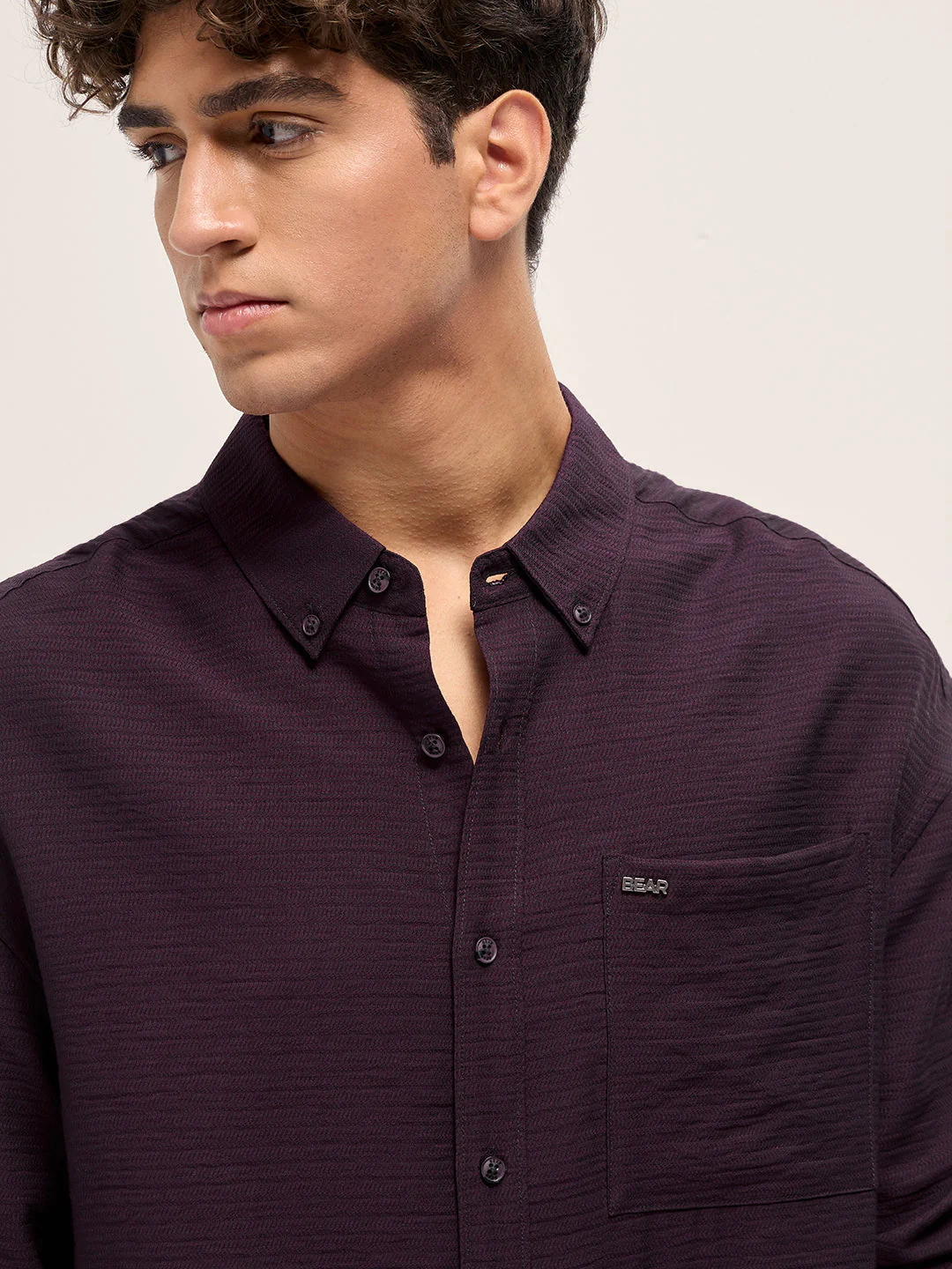 Men Purple Viscose Herringbone Design Relax Fit Casual shirt - Image 5