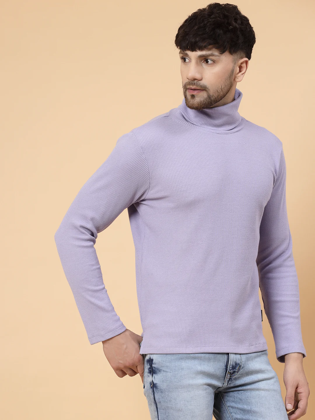 Men Purple Waffle Knit T-shirt - Image 4