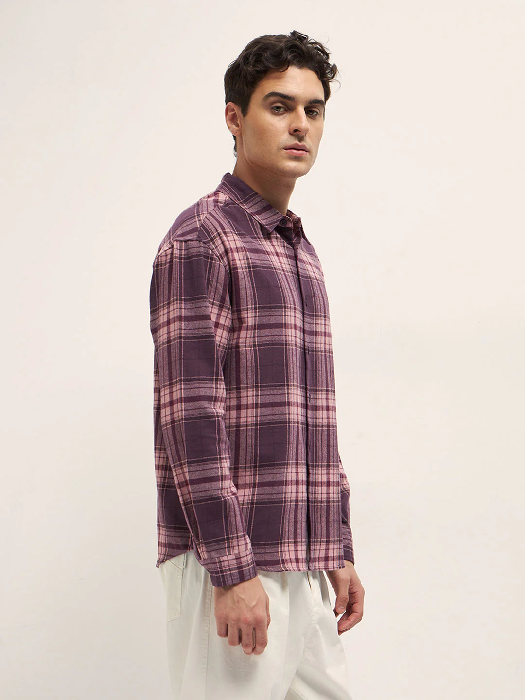 Men Purple Woven Checked Design Relax Fit Overshirt - Image 3