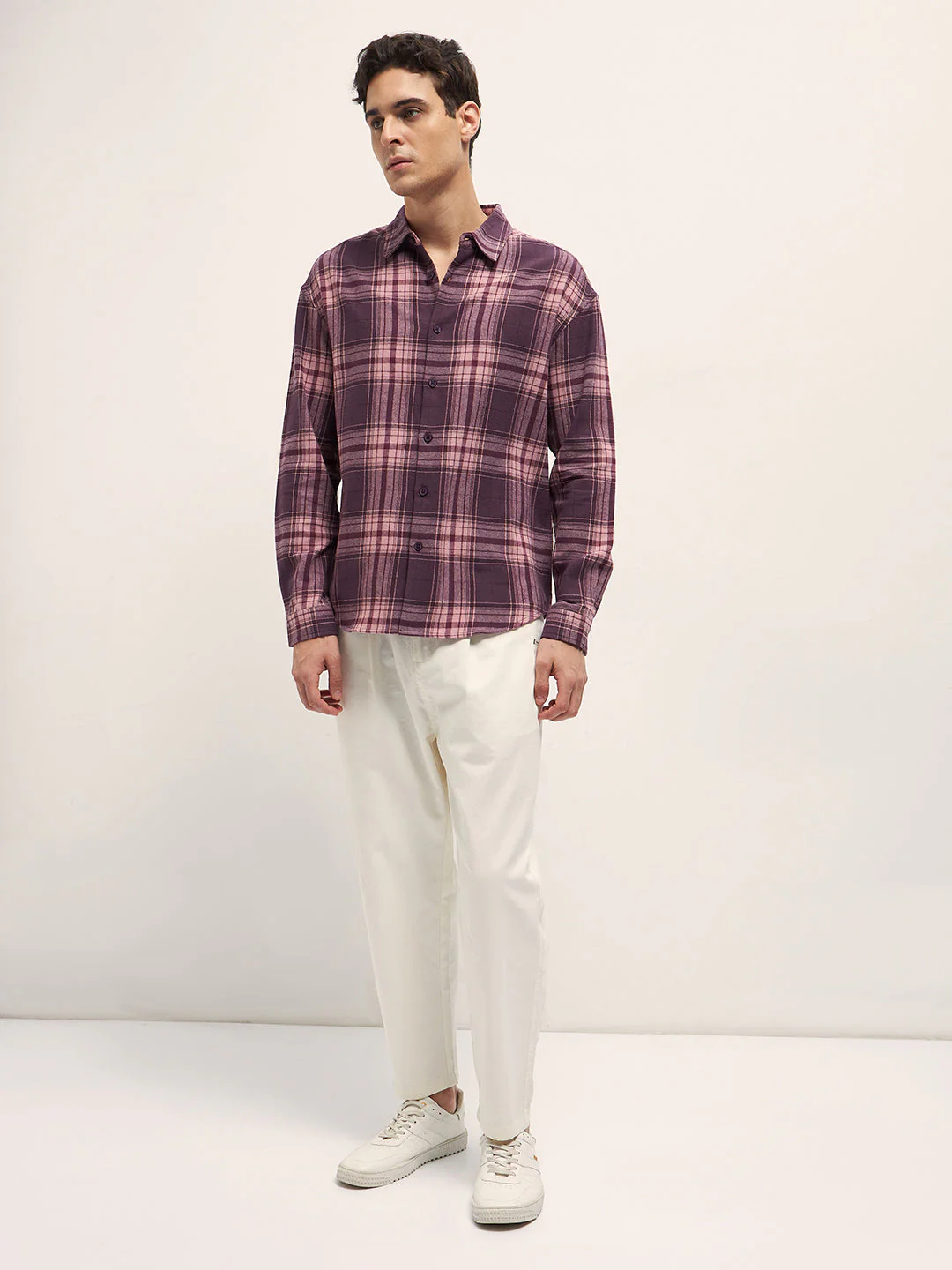 Men Purple Woven Checked Design Relax Fit Overshirt - Image 4
