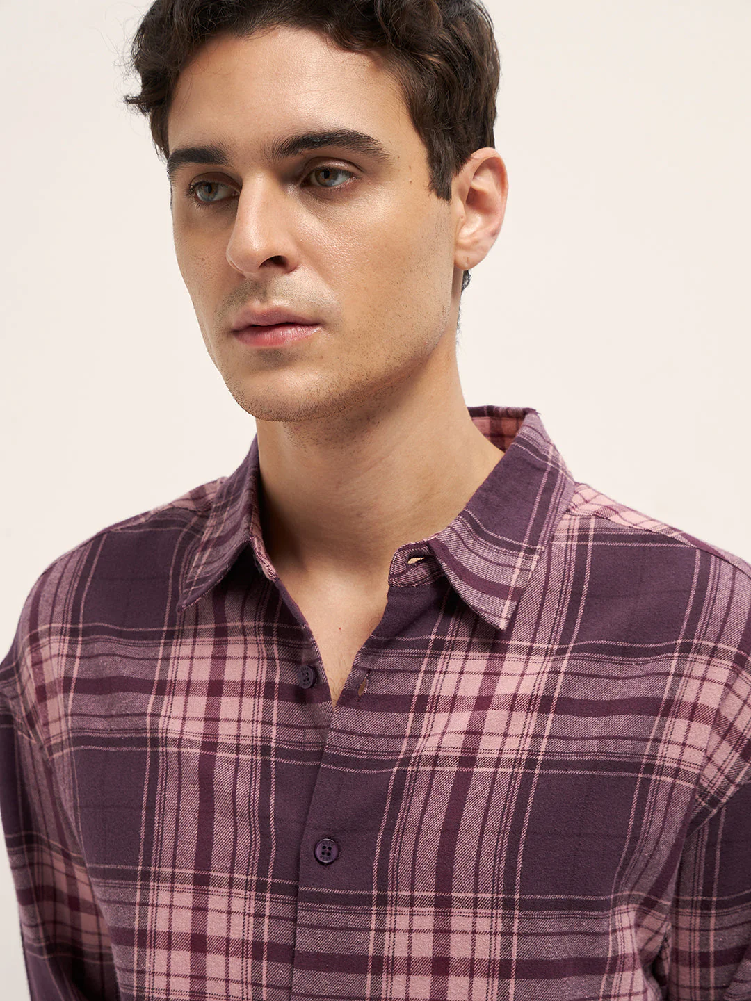Men Purple Woven Checked Design Relax Fit Overshirt - Image 5