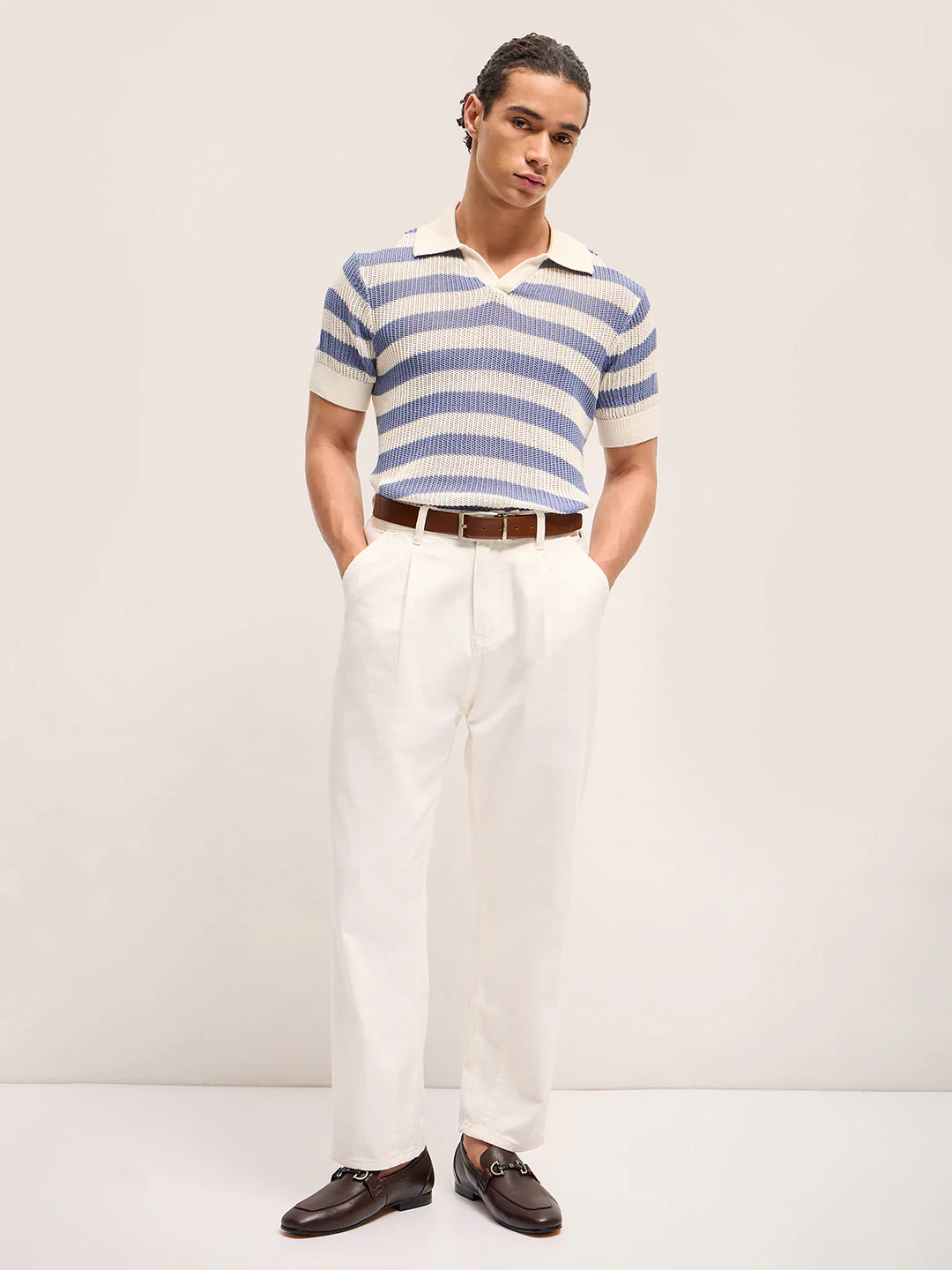 Men PurpleWhite Horizontal Textured stripes Regular Fit Polo - Image 4