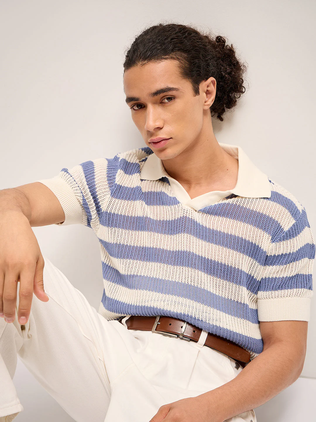 Men PurpleWhite Horizontal Textured stripes Regular Fit Polo - Image 6