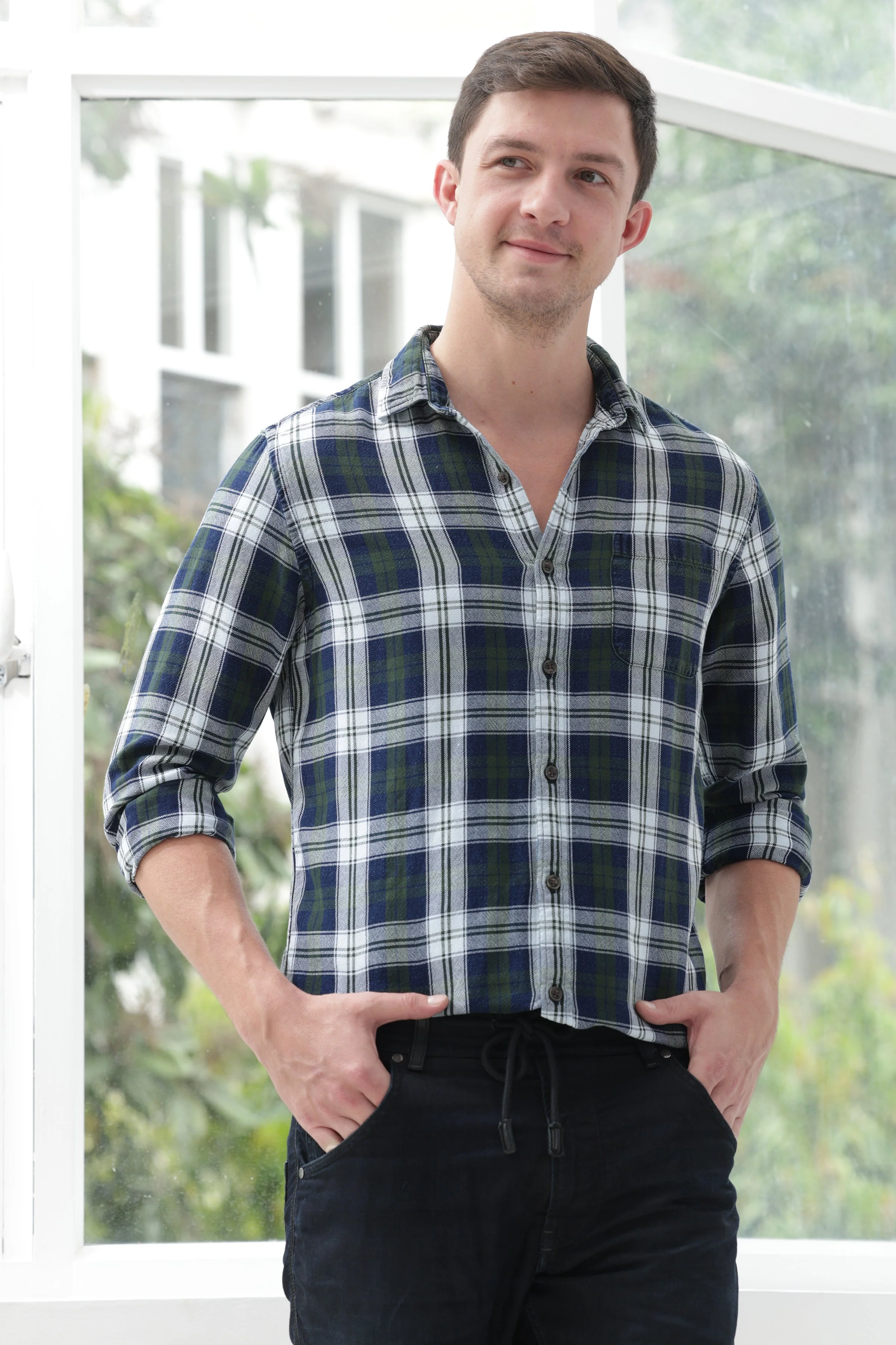 Men Quest Indigo Check Shirt Green - Image 4
